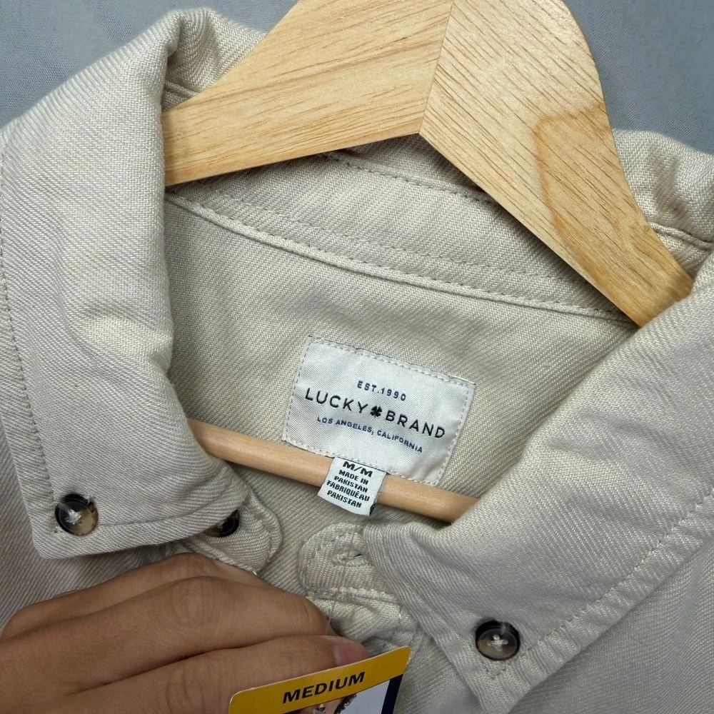 Lukcy Brand Button Down Shirt Men Medium Beige Twill Long Sleeve Heavy Thick NWT